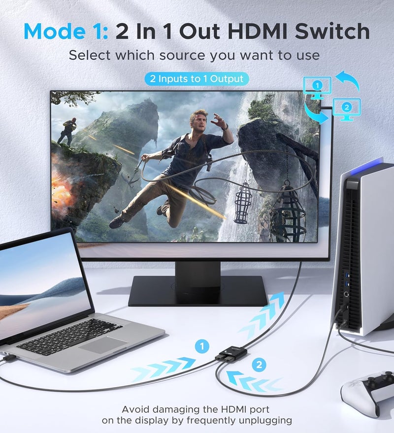 Warrky HDMI Switch 2 in 1 Out 4K@60Hz, [3.3ft Fixed Braided HDMI Cable, Aluminum Case, HDCP 2.2] Bidirectional 2x1 Switcher (Not Splitter) Compatible for PS5/4, Nintendo Switch, FireStick – Black - Image 3